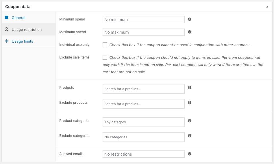 WooCommerce 基本使用限制的智能優惠券