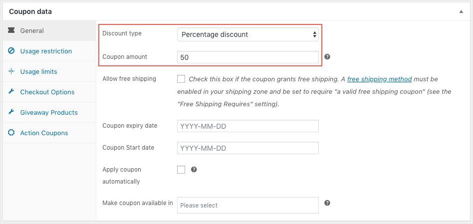 Tipo di sconto coupon WooCommerce