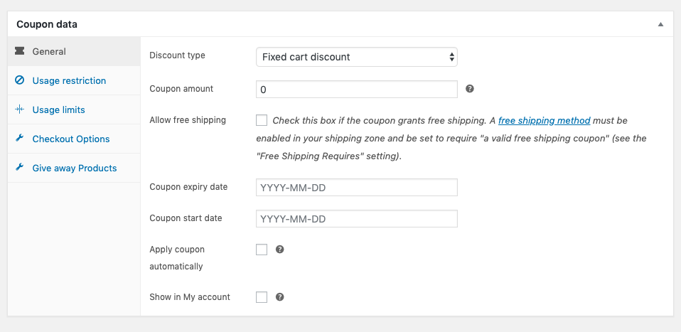 Kupon Cerdas untuk tab Umum-Dasar WooCommerce