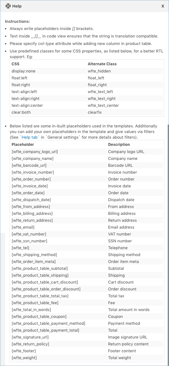 WooCommerce Facture ou emballage-Paramètres de facture- Personnaliser-Éditeur de code-Aide