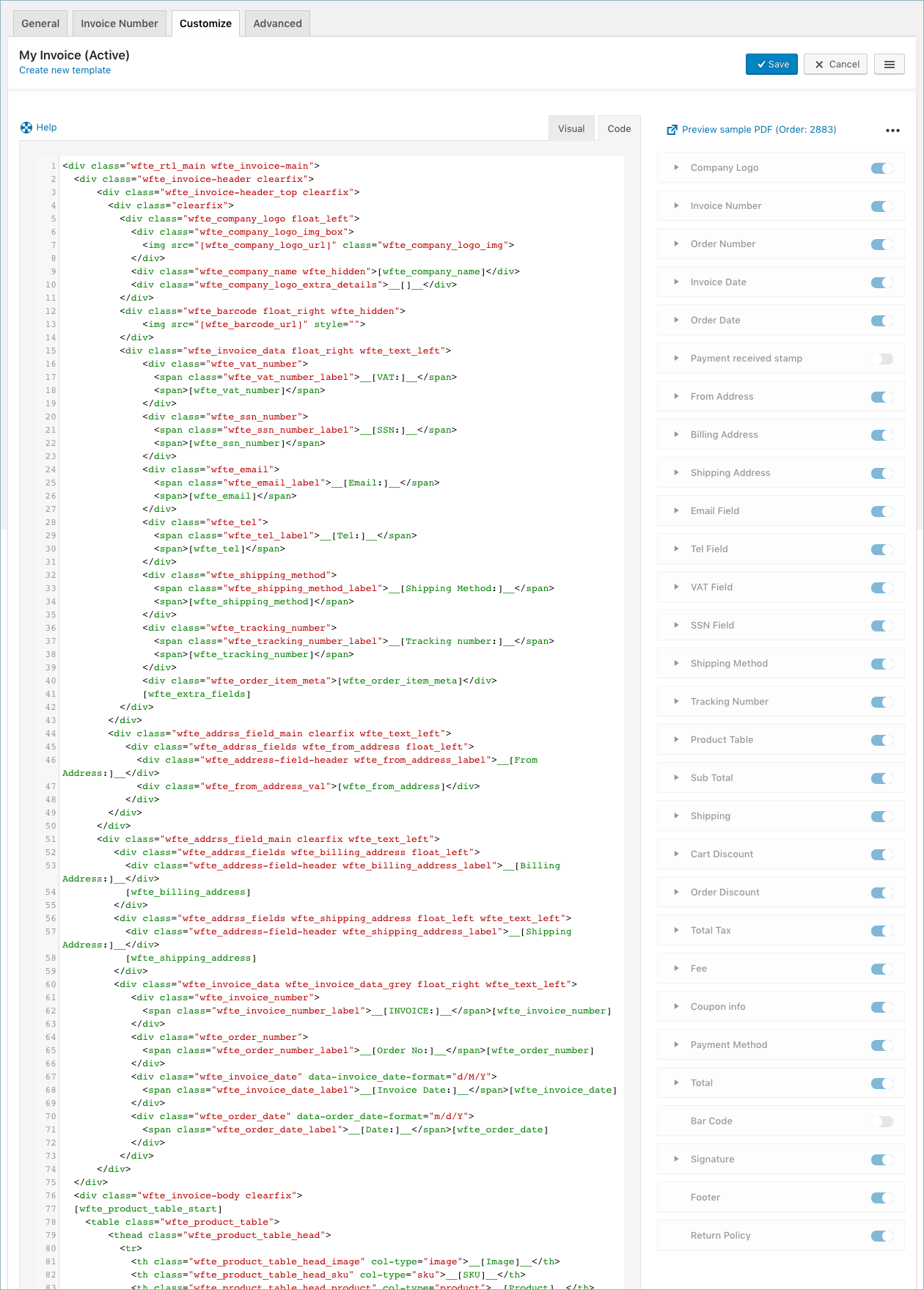 Fatura WooCommerce ou configurações de fatura de embalagem- Editor de código personalizado