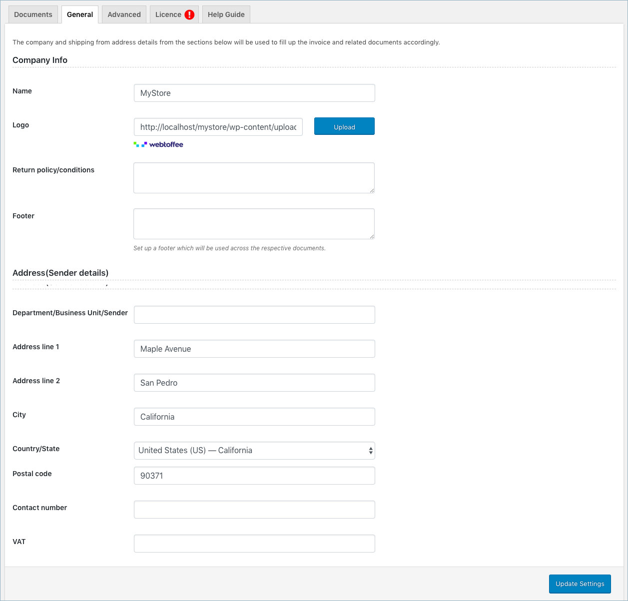 Configuración general de la factura de WooCommerce