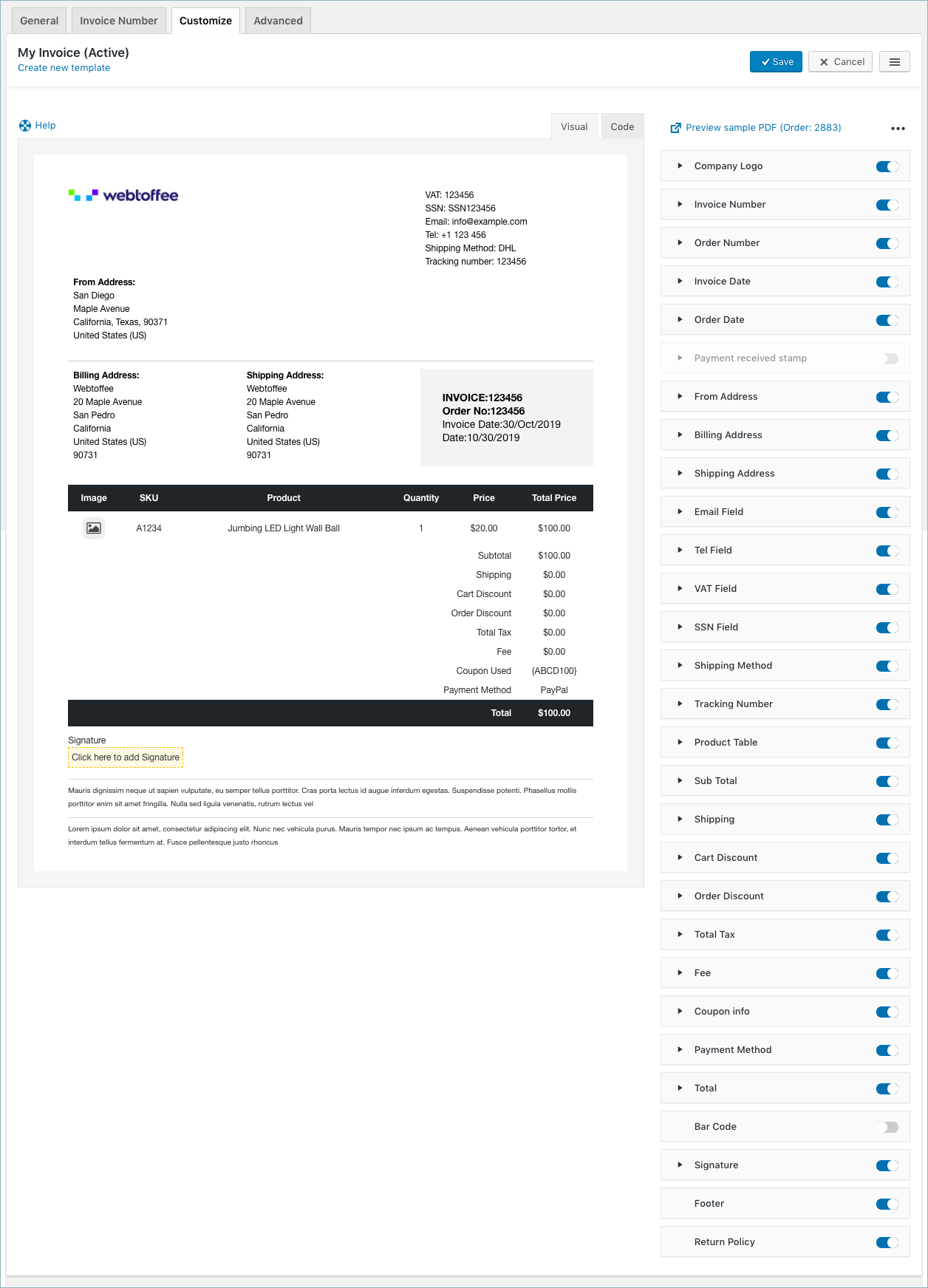 Fattura WooCommerce o imballaggio-Impostazioni fattura-Personalizza