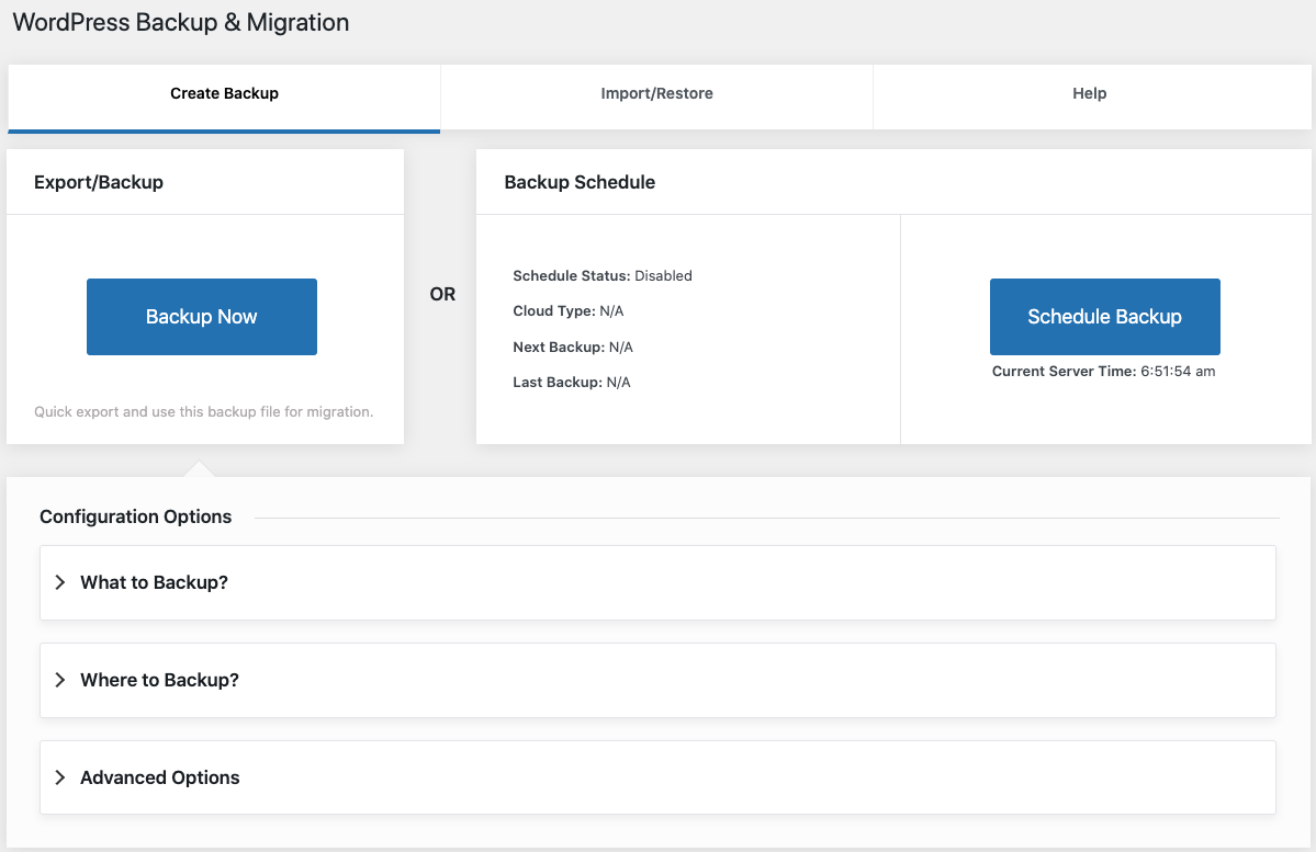 Janela de backup ou exportação do WordPress