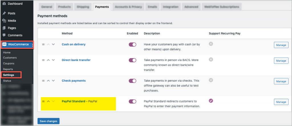 Standard PayPal nei pagamenti WooCommerce