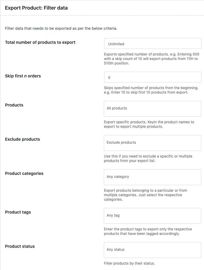 filtros para exportar productos