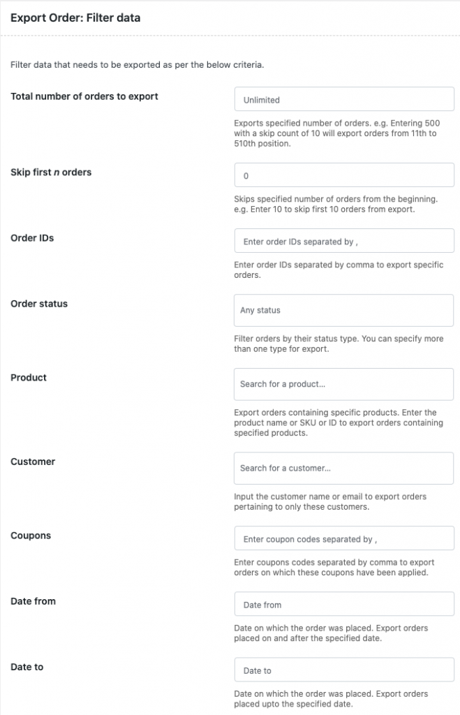 filtros para exportar pedidos