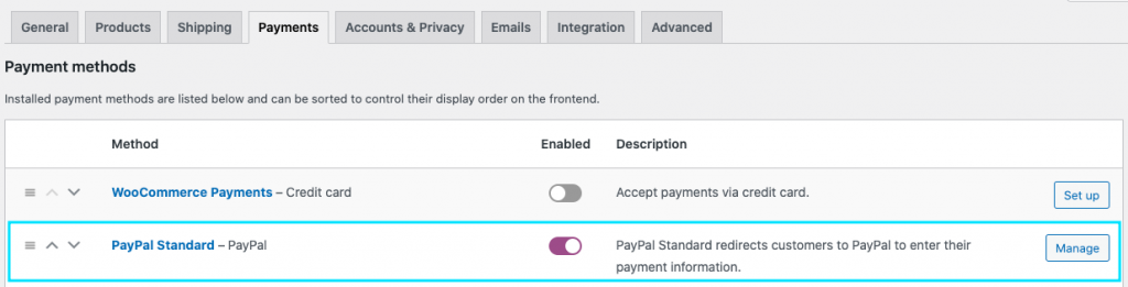 Pagina delle impostazioni di pagamento in WooCommerce