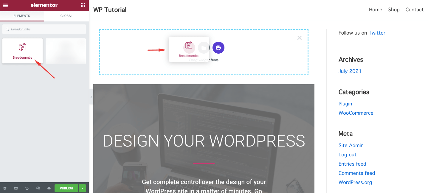 Add Elementor Breadcrumbs Widget