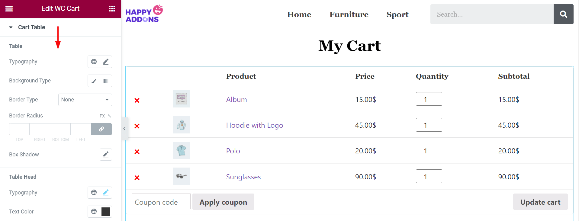 Update Cart Table