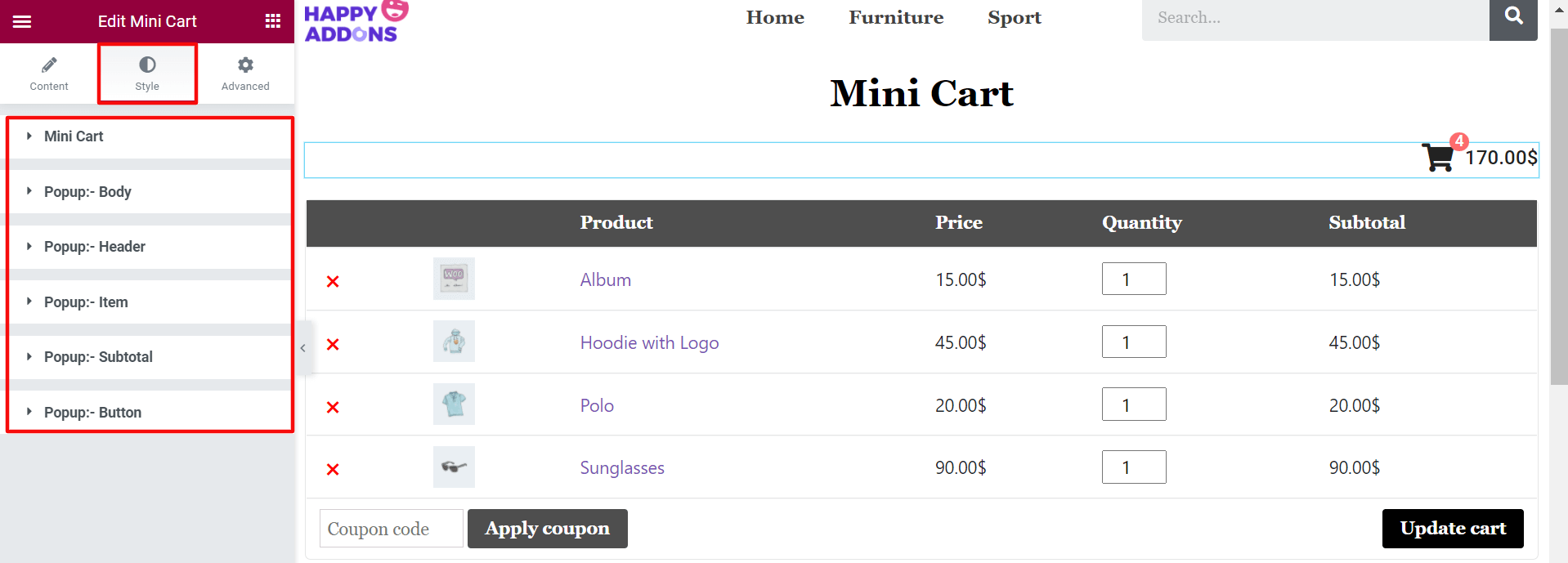 Mini Cart Styles of Happy Addons