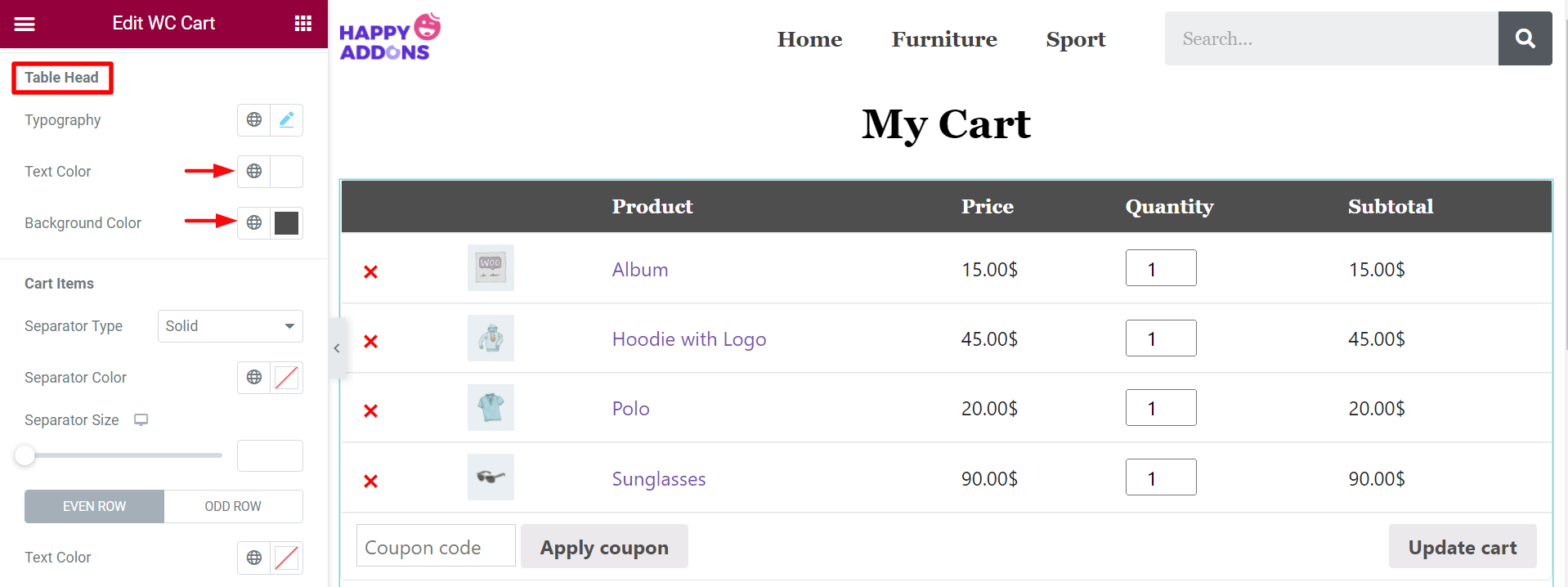 Customize Cart Table Head