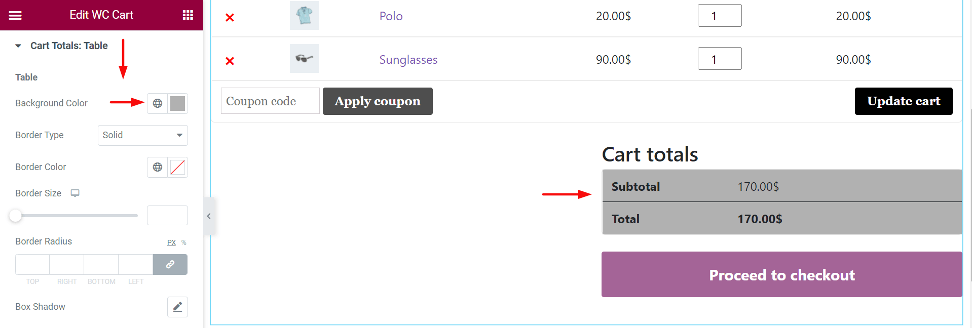 Update Cart Total Table