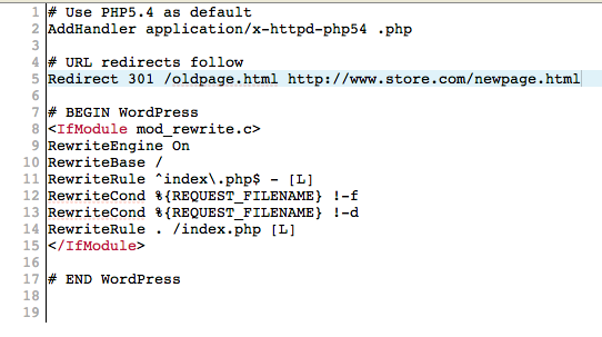 Come dovrebbero apparire i reindirizzamenti 301 in un file .htaccess. Questo esempio proviene da un sito con WordPress: prendi nota della posizione.