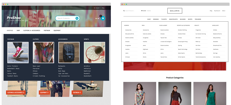 ProShopとGalleriaのメガメニューのサンプル。