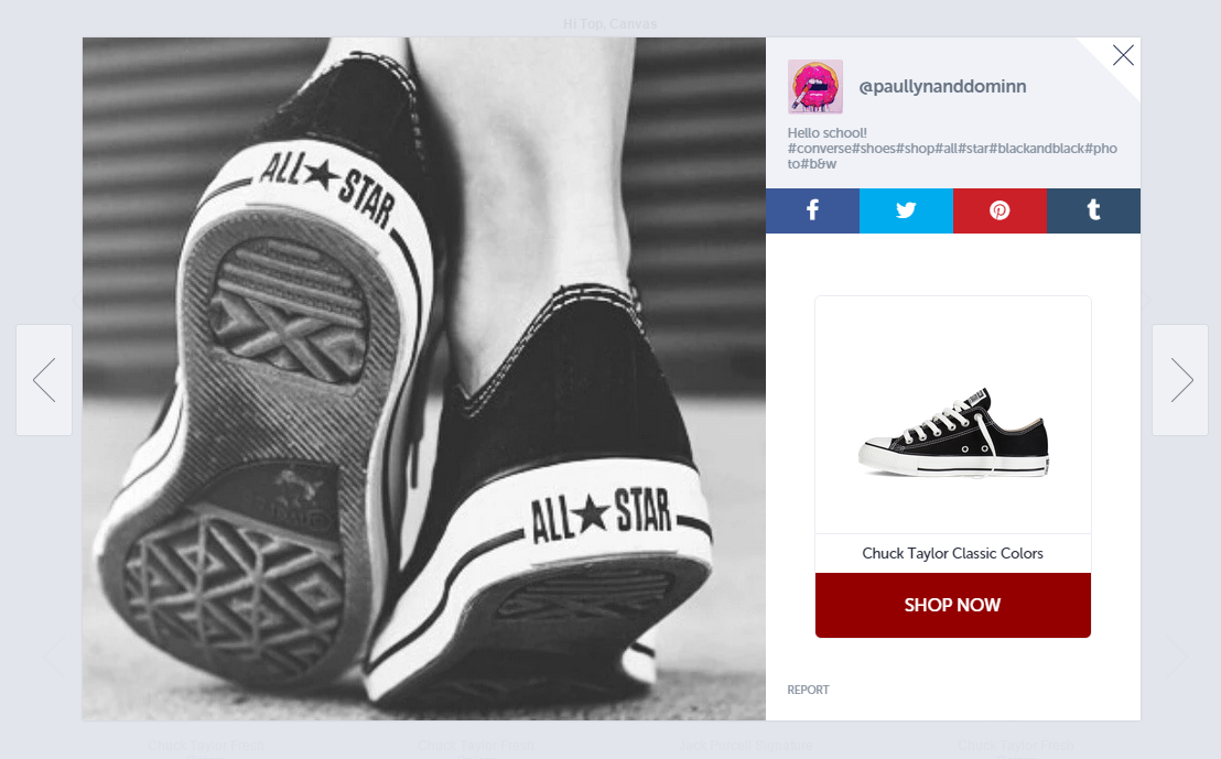 Converseは、Instagramの実際の顧客の写真を製品ページに追加し、写真に表示されているアイテムにリンクして表示できるようにします。