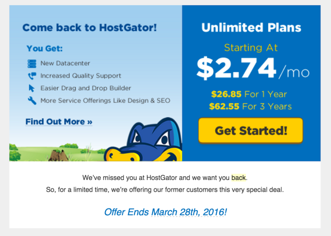 以前の顧客を対象としたこのメールは、ホスティングサービスに戻ることと引き換えに取引を提供します。