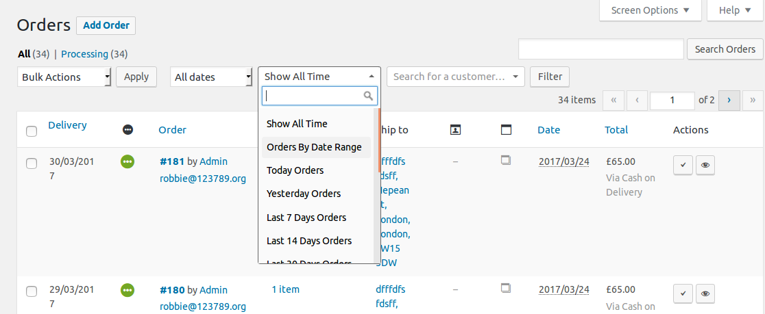 Eine Ansicht des Datumsbereichsfilter-Plugin-Bildschirms von Woo Orders