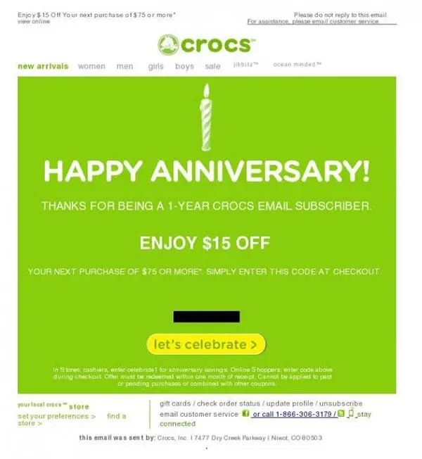 Festeggiando una pietra miliare: Crocs augura ogni bene a un cliente nell'anniversario dell'iscrizione alla sua mailing list.