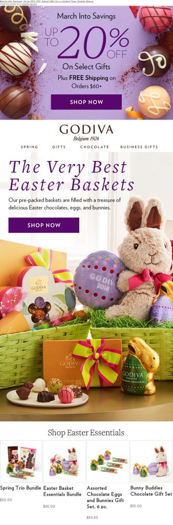 L'e-mail speciale di Pasqua di Godiva ha un tema festivo con offerte specifiche per le festività personalizzate.