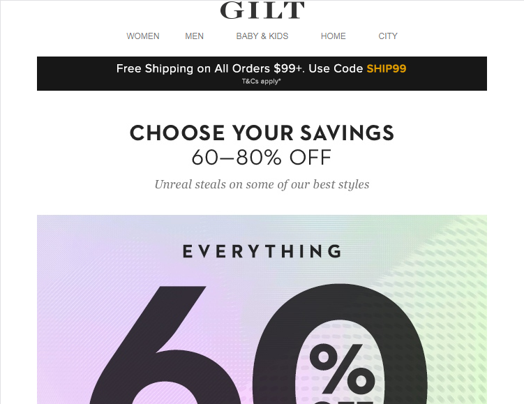 Un'e-mail promozionale di GILT che annuncia una vendita su tutti gli articoli.