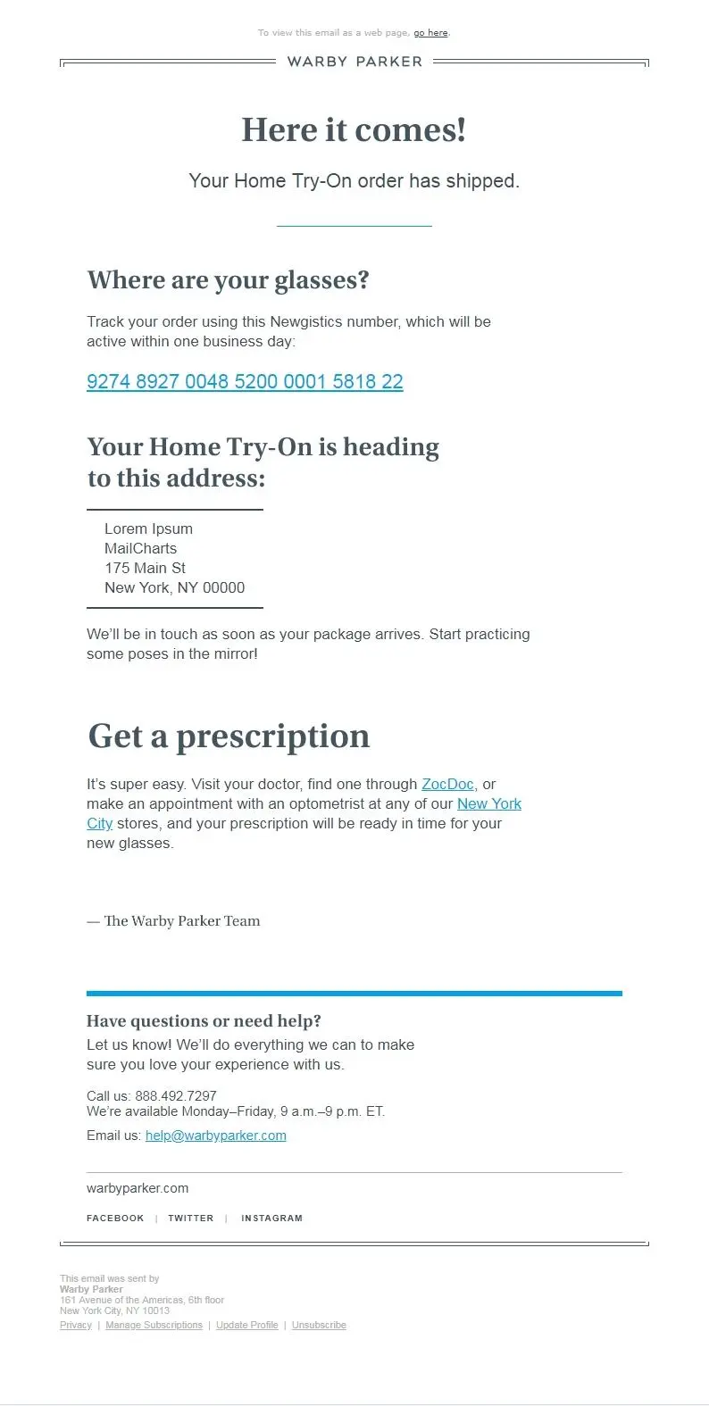 L'ordine di Warby Parker è stato spedito via e-mail.