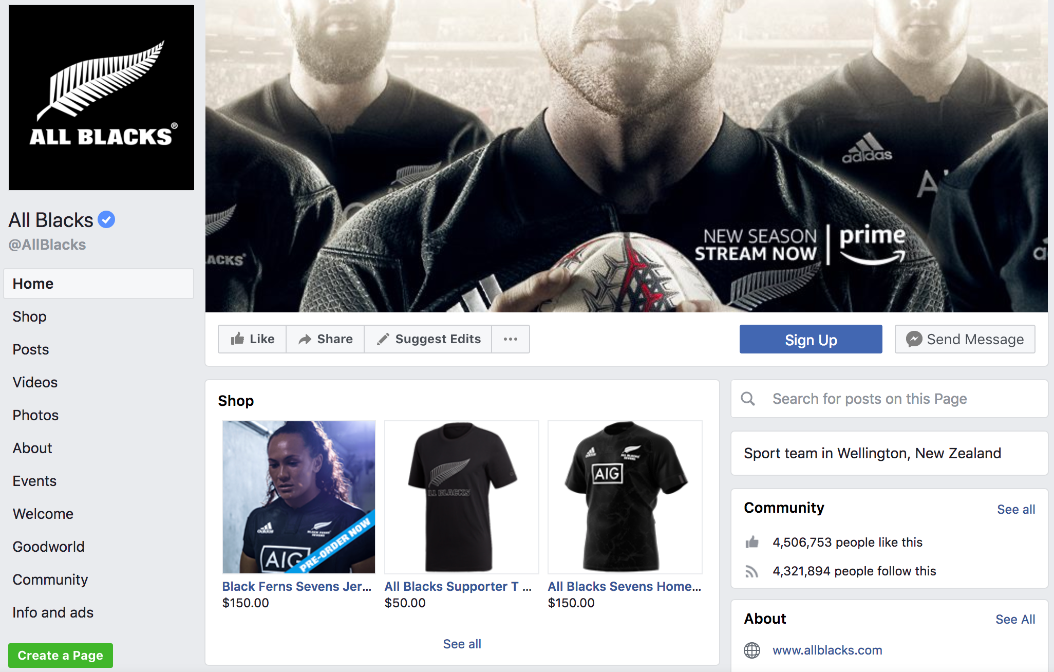 L'estensione Facebook per WooCommerce estrae i prodotti da WooCommerce sulla pagina Facebook ufficiale di All Blacks.