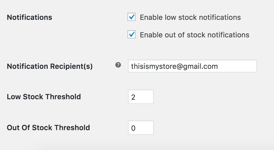 Passez en revue vos paramètres de notification de stock, y compris l'adresse e-mail à laquelle les notifications seront envoyées et le seuil pour "faible".