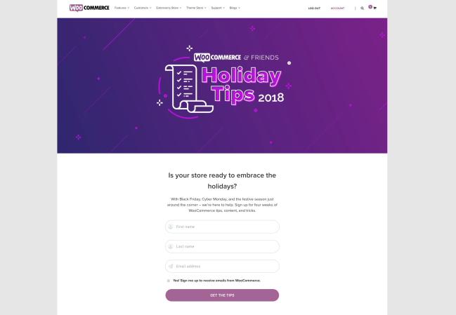 Page de destination WooCommerce & Friends Holiday Tips