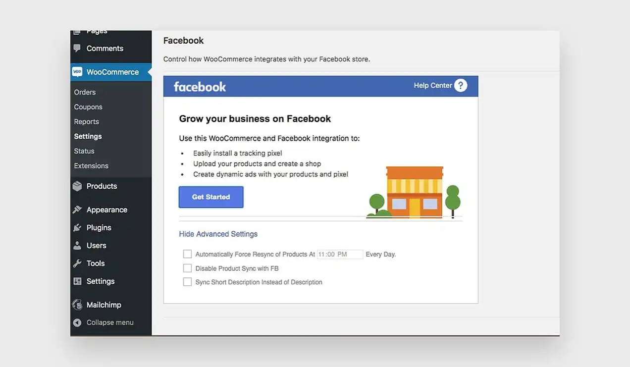 Uma captura de tela de uma tela do Facebook para WooCommerce no WP Admin.