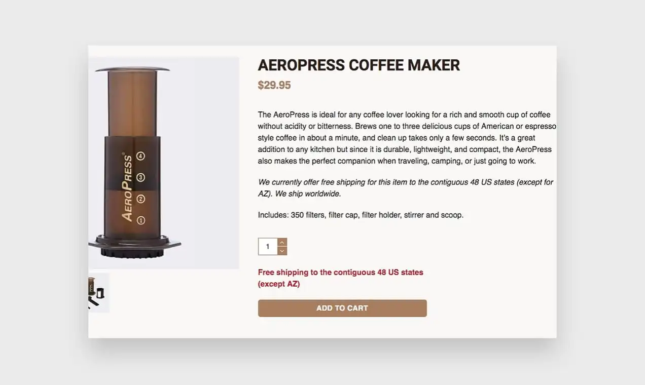 Capture d'écran du site Web d'Aeropress, qui montre comment rédiger une bonne description de produit.