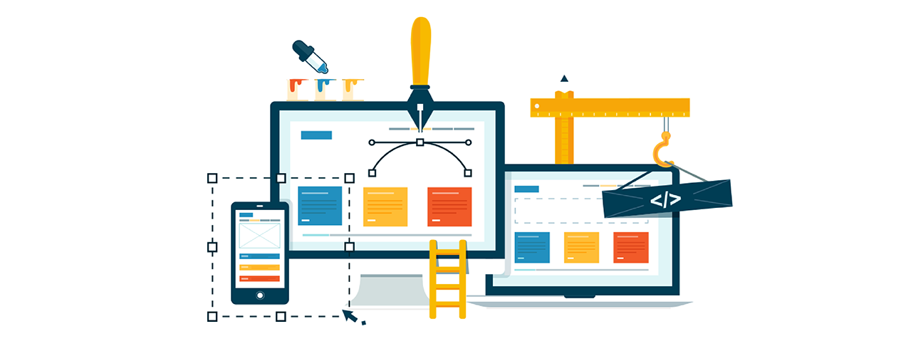 Ilustração de elementos de design sendo colocados em um computador, tablet e telefone.