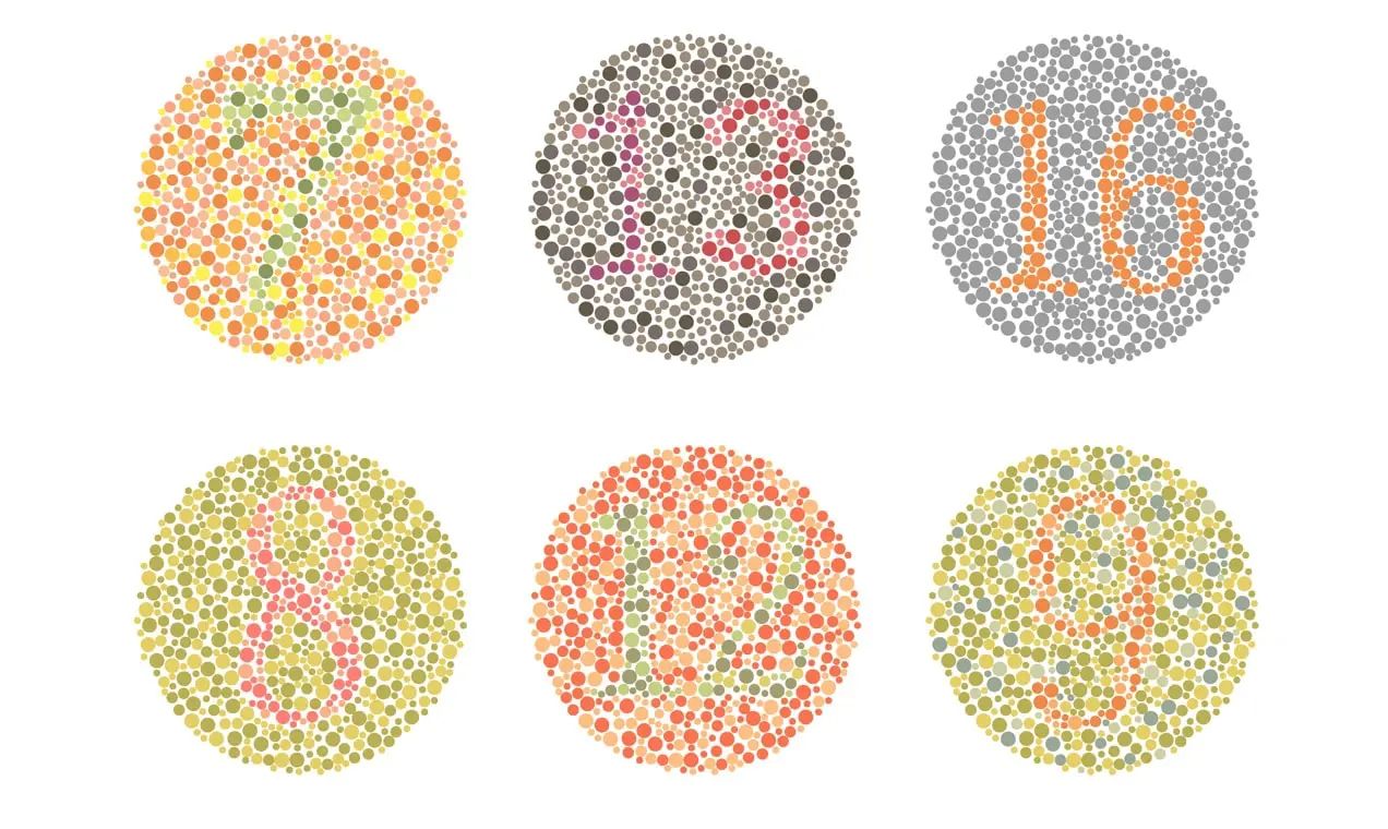 Un exemple du test de daltonisme d'Ishihara - des cercles remplis de points et de chiffres de différentes couleurs.