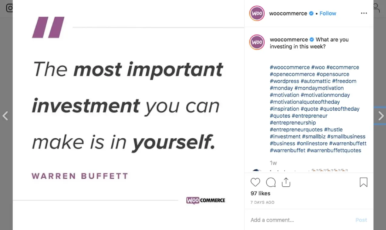 Captura de tela do Instagram WooCommerce mostrando uma citação motivacional.