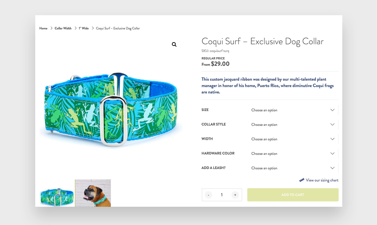 Capture d'écran d'une page de produit de 2 Hounds Design, qui utilise WooCommerce pour permettre la personnalisation des produits.