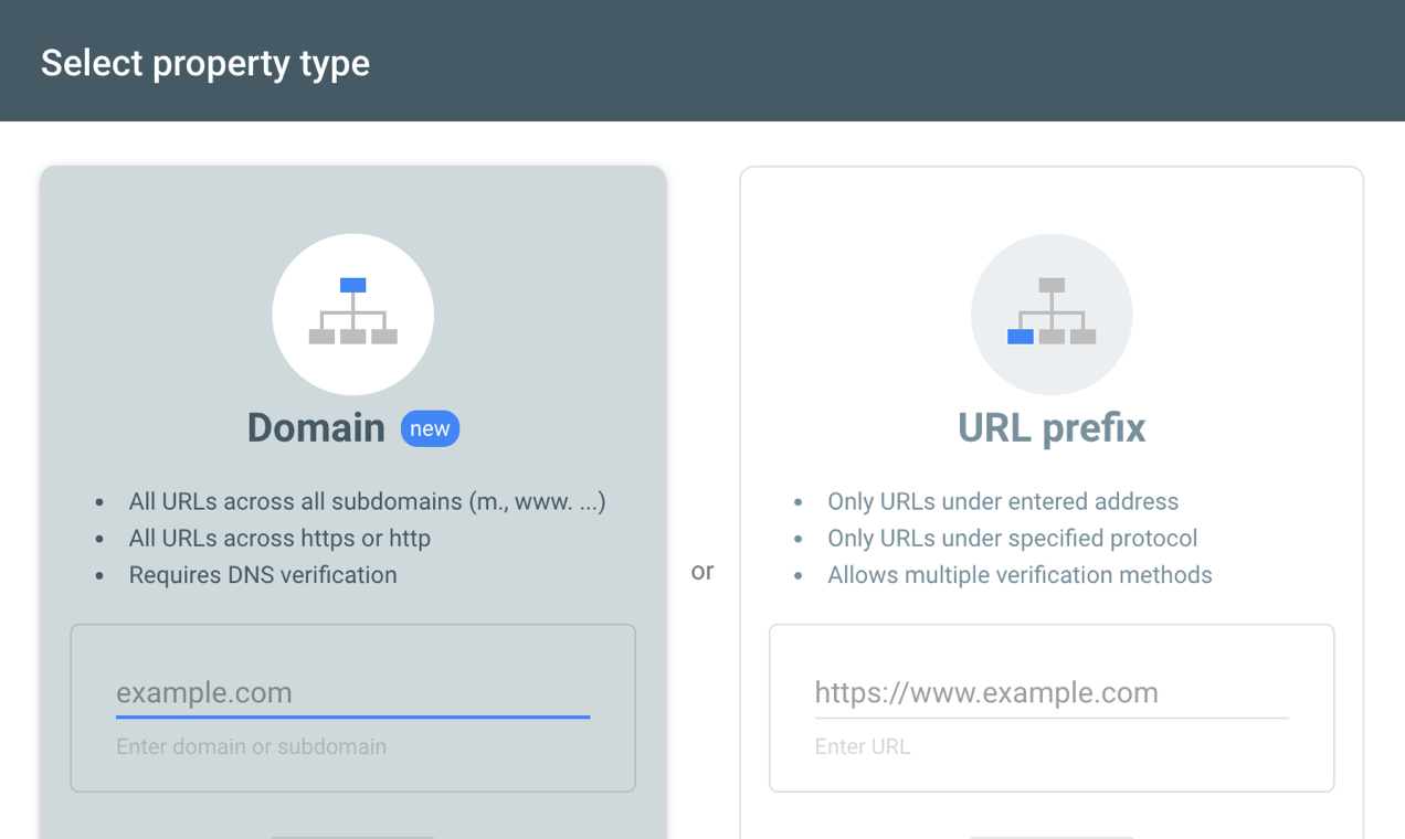 Capture d'écran des types de propriétés disponibles sur Google Search Console