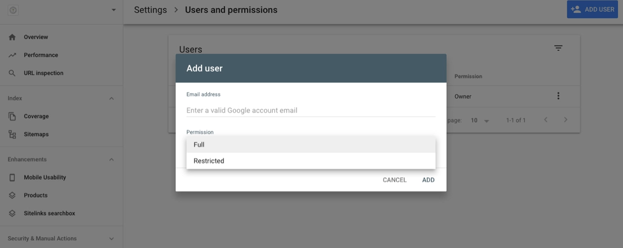 capture d'écran de la page Google Search Console avec la boîte contextuelle Ajouter un utilisateur et les options d'autorisations