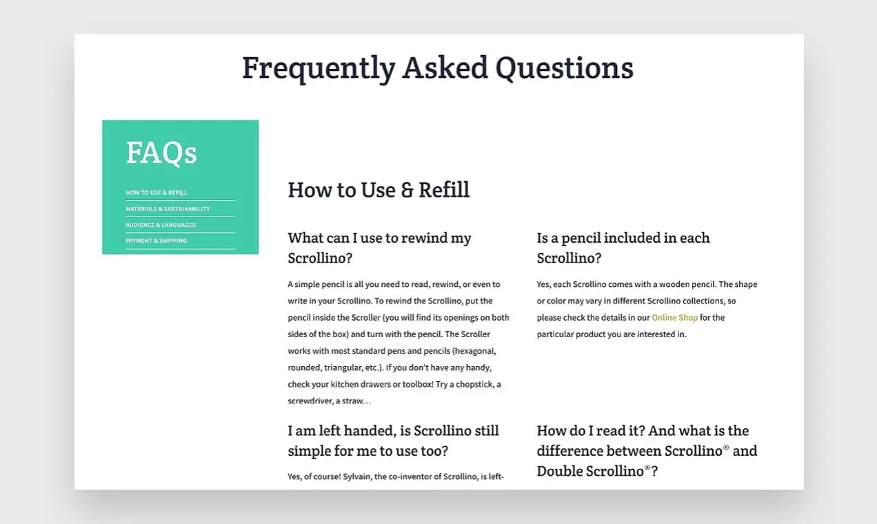 screenshot della pagina delle FAQ di Scrollino con domande classificate