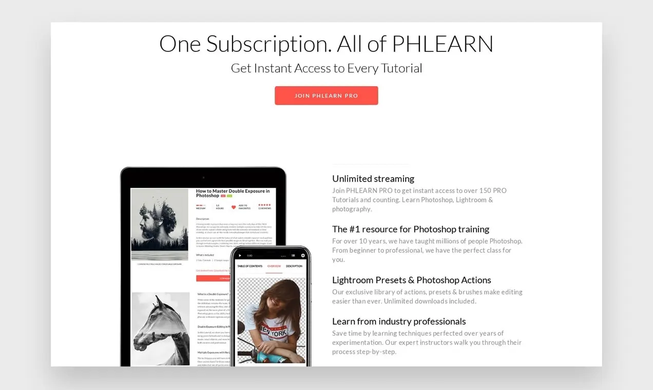 Captura de tela da página de associação do PHLearn, listando os benefícios incluídos