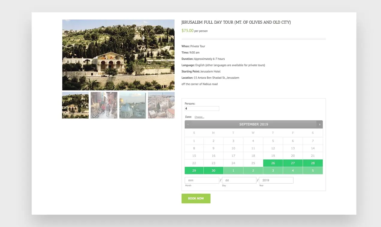 captura de pantalla de un calendario de reservas en el sitio web de Visit Palestine