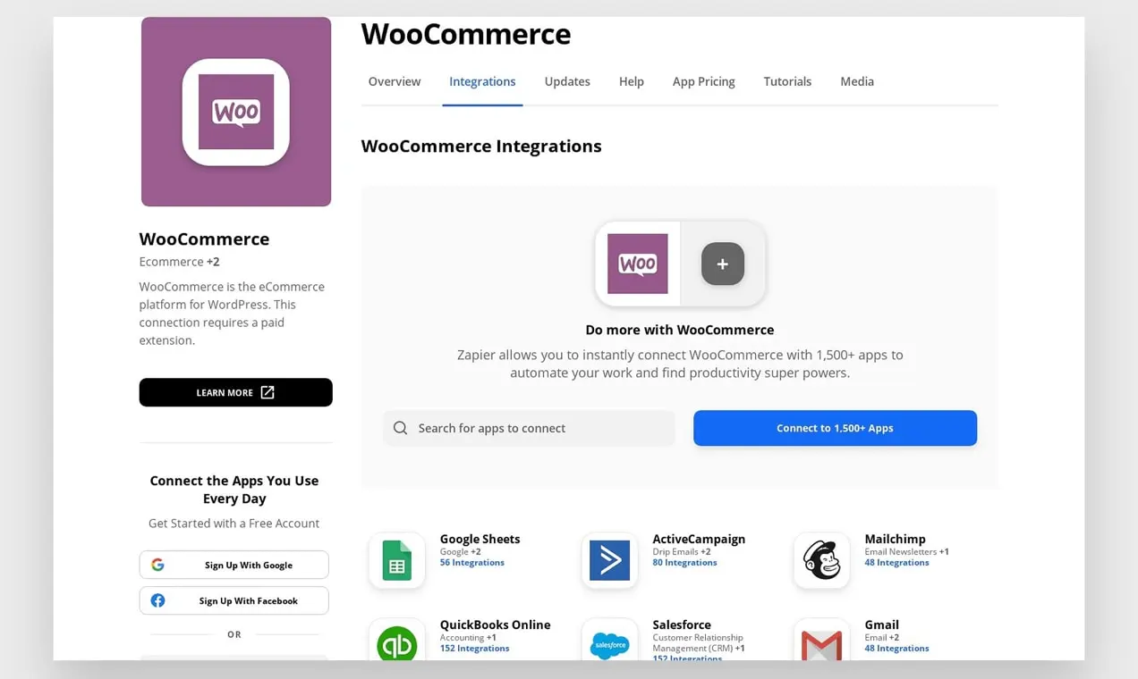 Página de integração WooCommerce do Zapier.