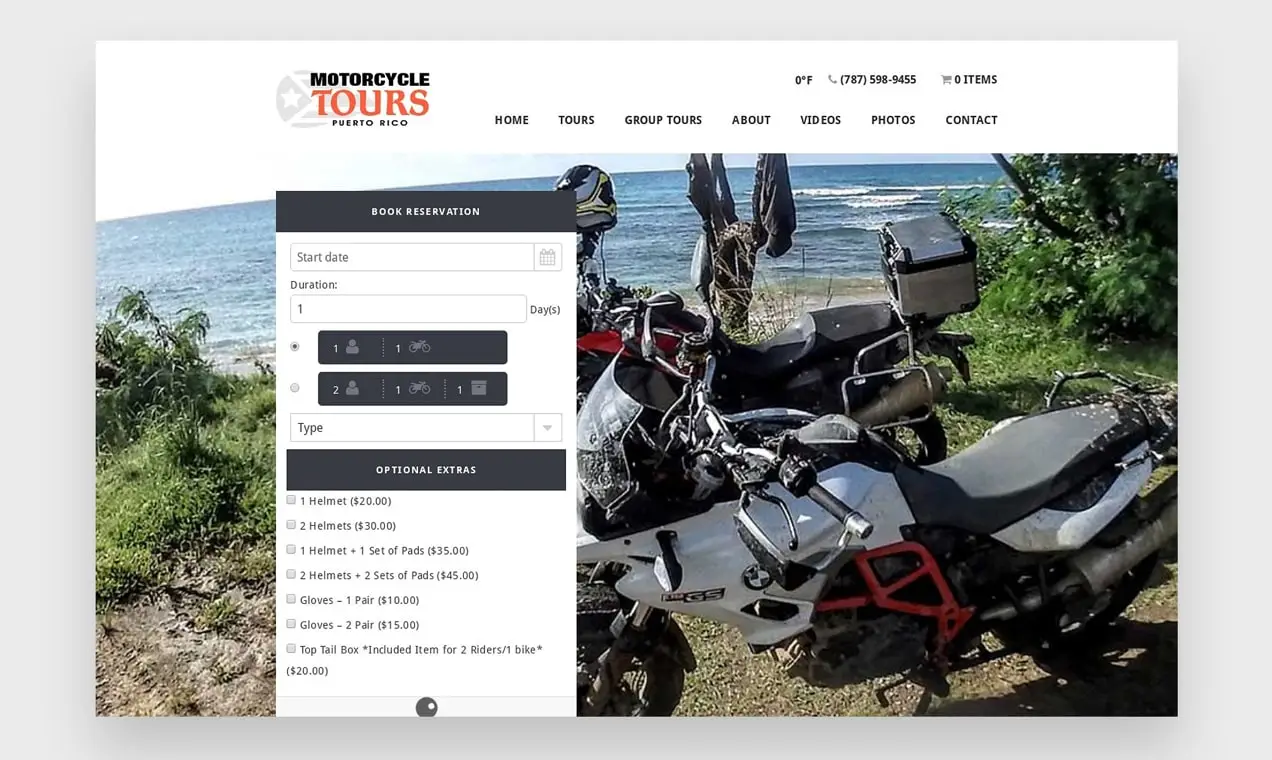 Bir motosiklet turları şirketinden rezervasyon sayfasının ekran görüntüsü