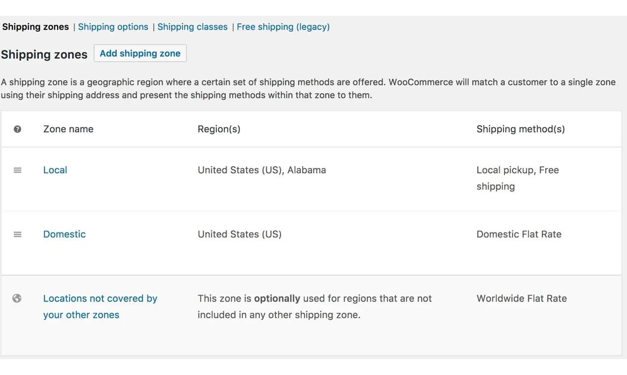 Capture d'écran de l'écran des paramètres des zones d'expédition de WooCommerce