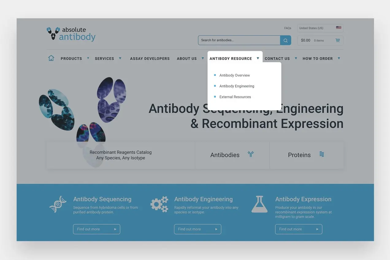 скриншот из Absolutely Antibody, показывающий их главное меню и выпадающие списки