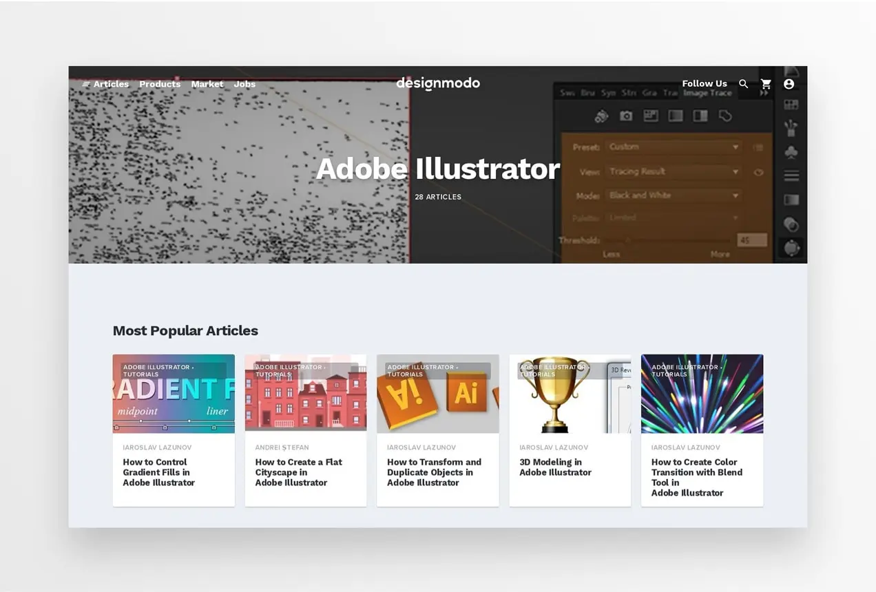 Блог Designmodo с лентой постов Adobe Illustrator