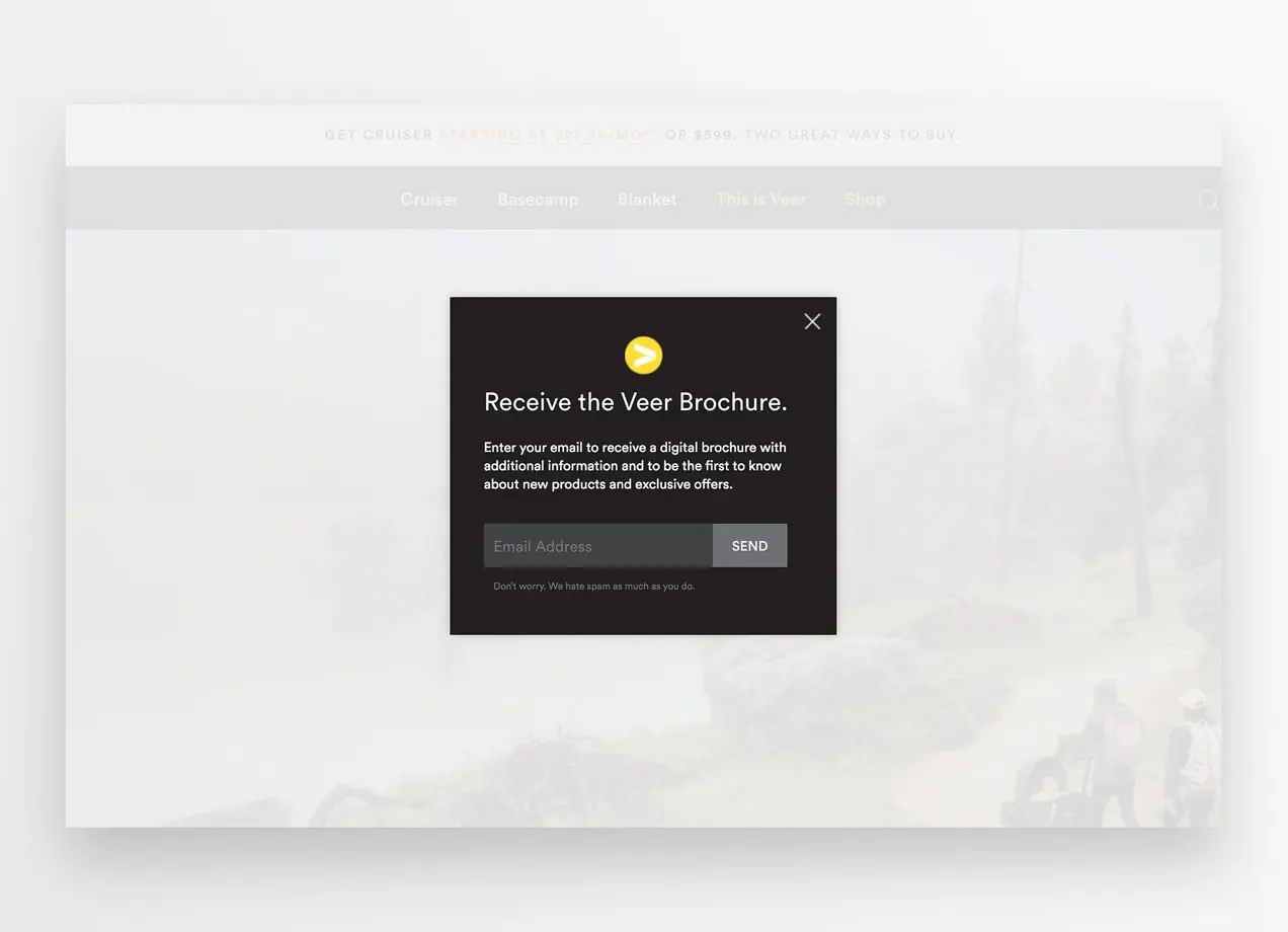 Popup sur le site de Veer proposant une brochure numérique en échange d'un email