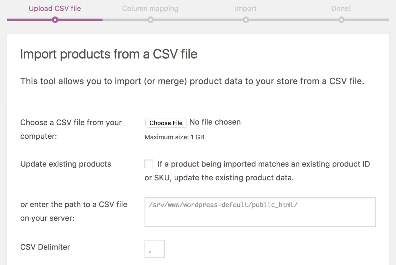 Produktimportbildschirm mit WooCommerce