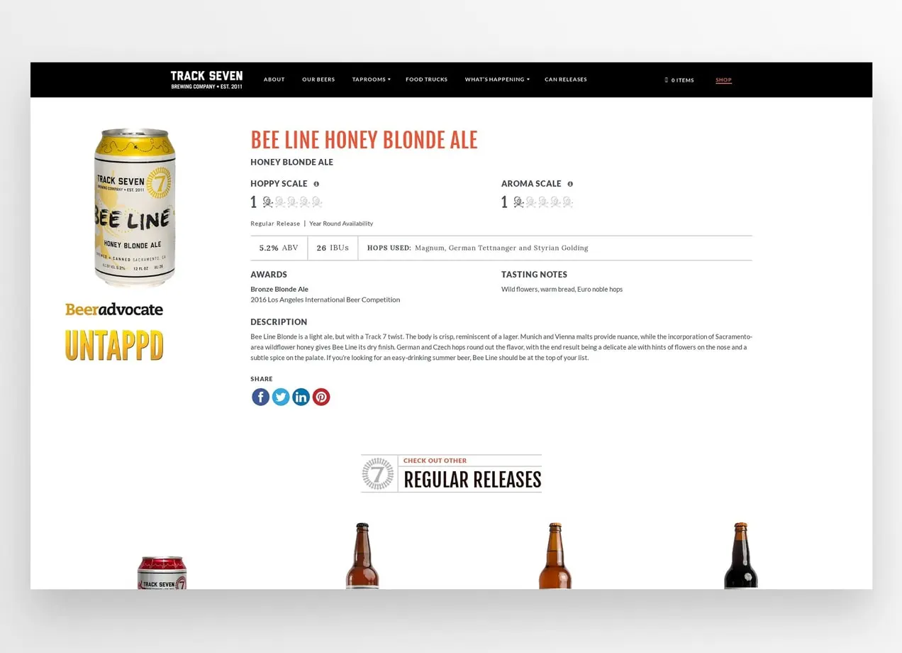 Page produit de la bière blonde au miel Bee Line avec une description détaillée du produit