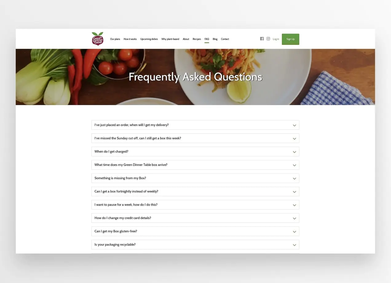 Page FAQ de Green Dinner Table avec des questions extensibles