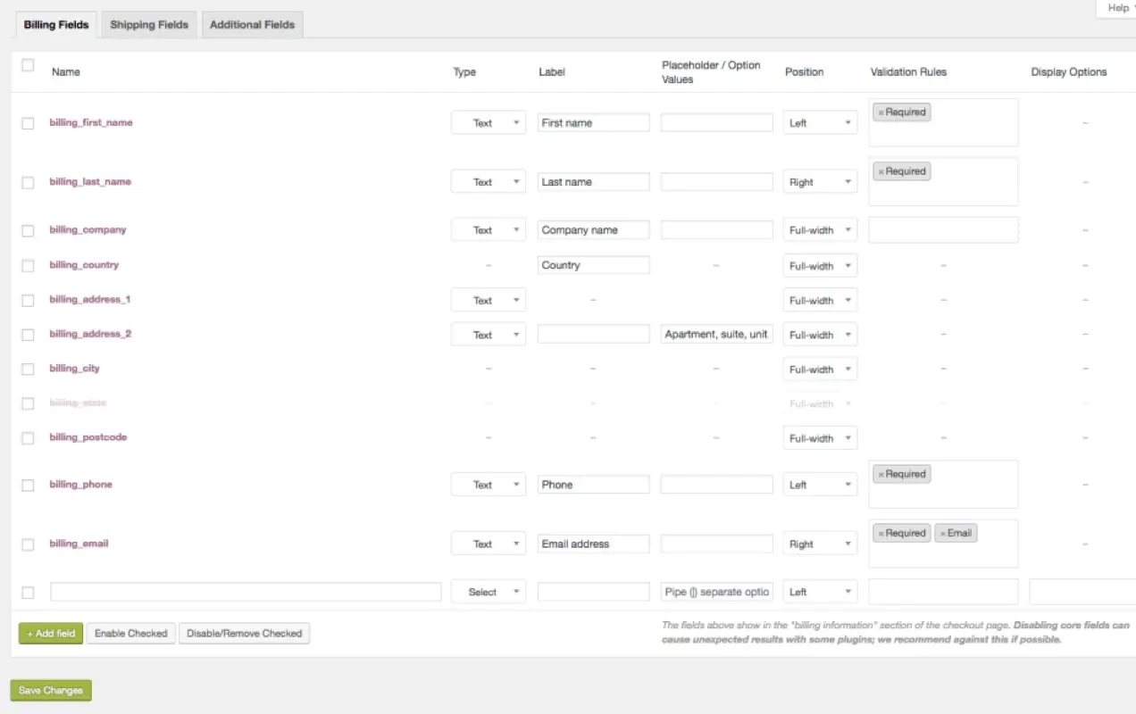 редактирование полей оформления заказа в панели управления WooCommerce